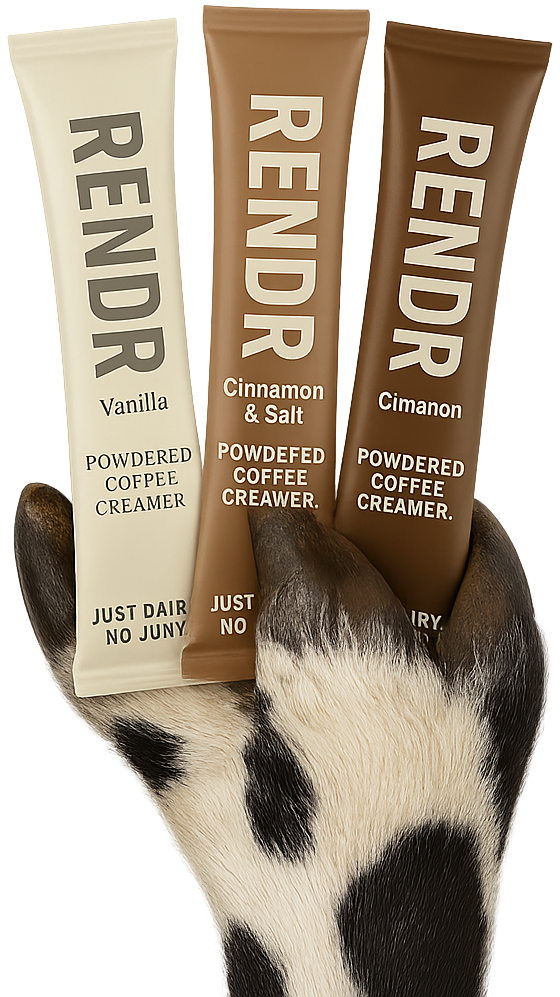 Cow hoof holding three RENDR powdered coffee creamer tubes.