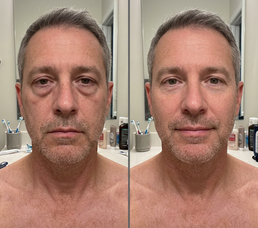 A before-and-after image of a man's face, showing a reduction in under-eye bags in the right panel.