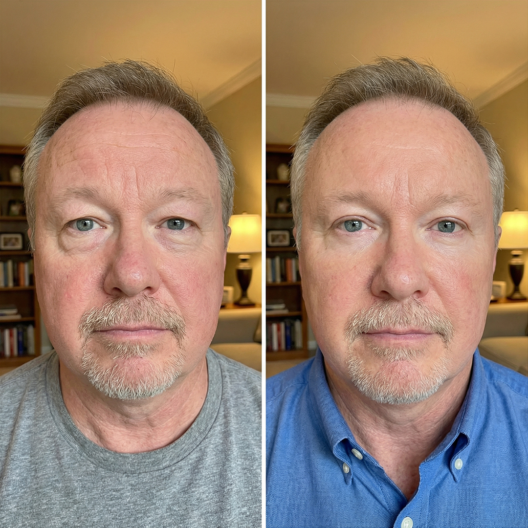 A side-by-side comparison of a man's face, showing fewer wrinkles and smoother skin on the right.