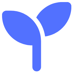 Blue plant icon with two leaves on a white background.