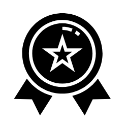 A black and white symbol of a medal with a star in the center.