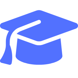 Blue graduation cap icon on a white background.