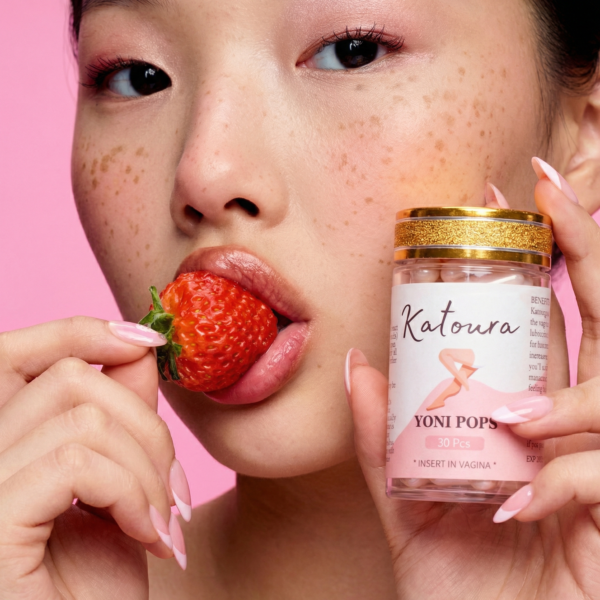 A woman holds a strawberry to her lips with one hand and a jar of Katoura Yoni Pops in the other.
