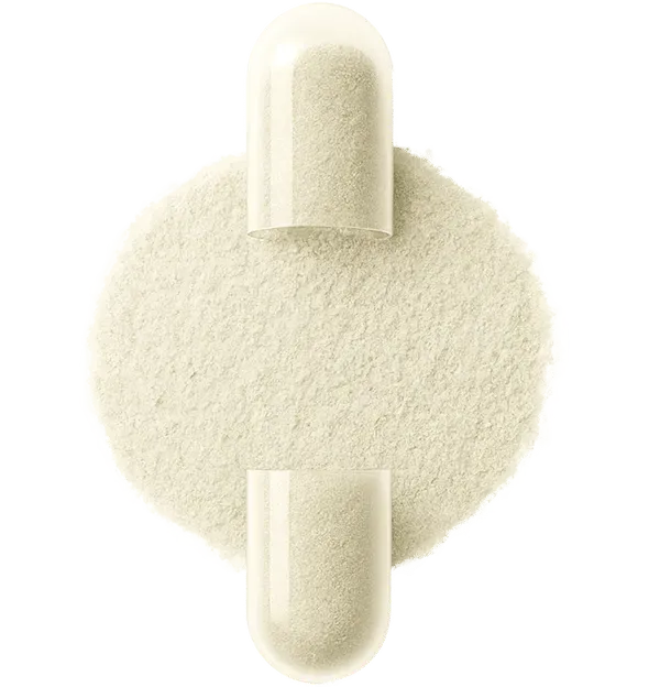 Open capsule with beige powder on a surface.