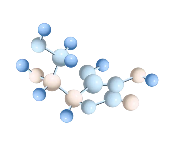3D molecular structure with blue and beige spheres connected by rods.
