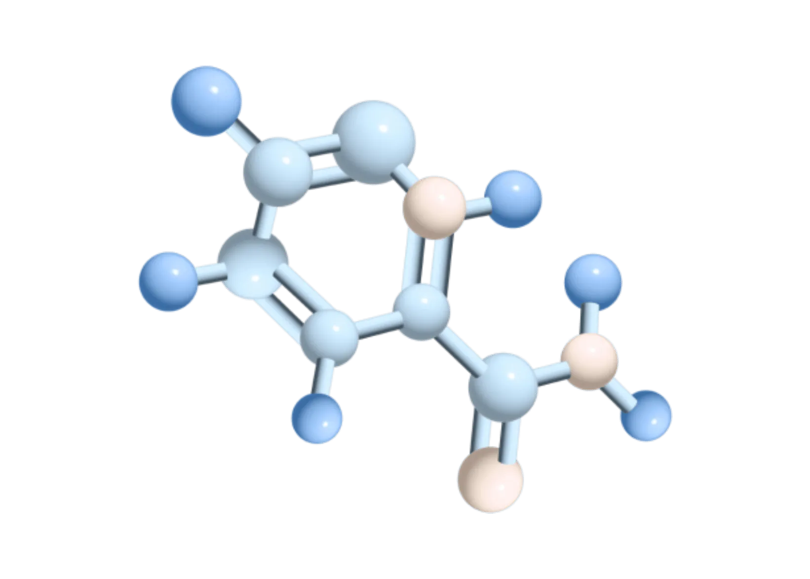 3D model of a molecular structure with blue and beige spheres.