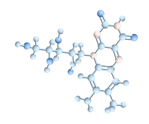 Molecular structure with connected spheres in blue and light colors.