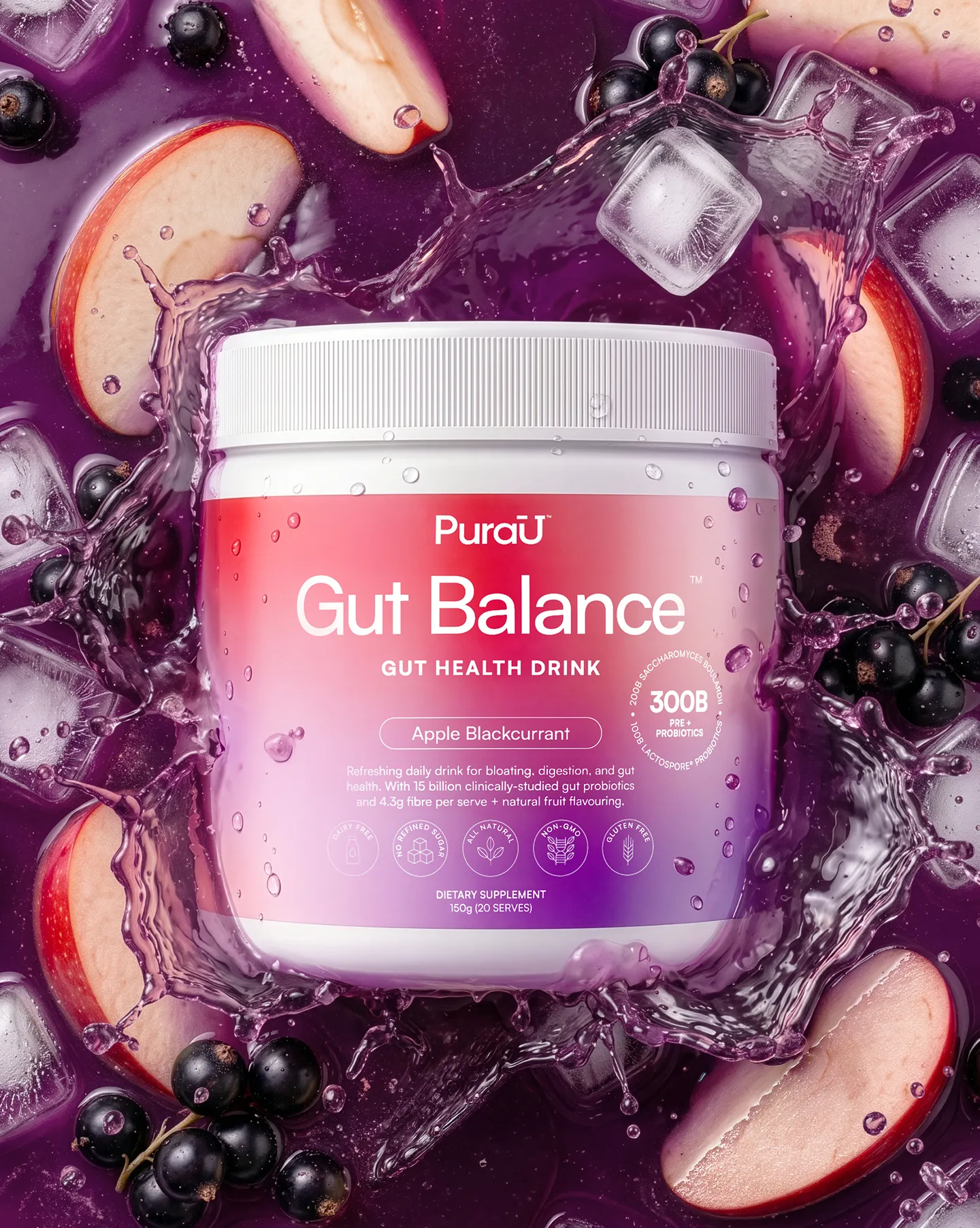 A tub of PuraU Gut Balance supplement splashes into a purple liquid with apples, blackcurrants, and ice.