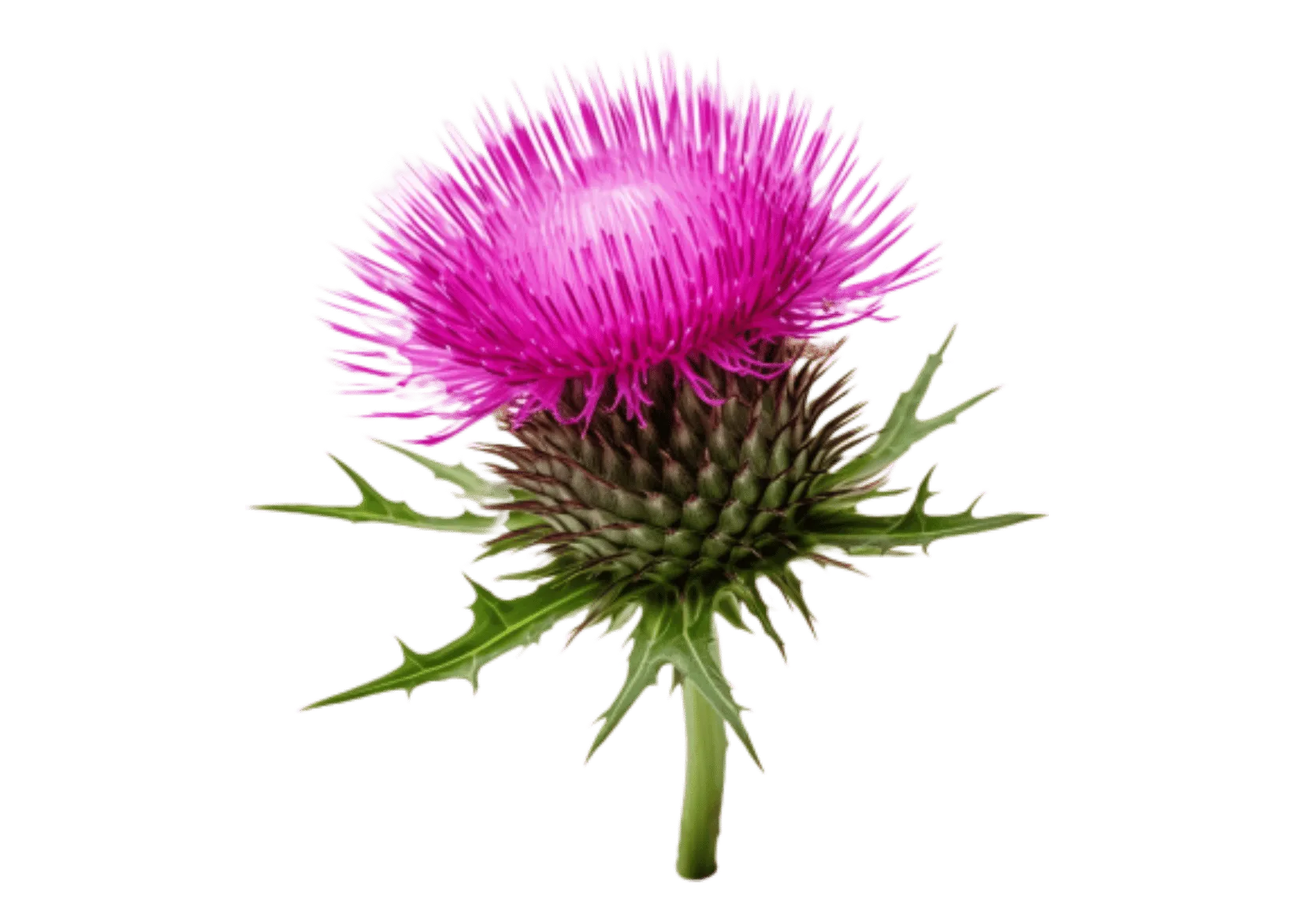 Close-up of a purple thistle flower with green leaves.