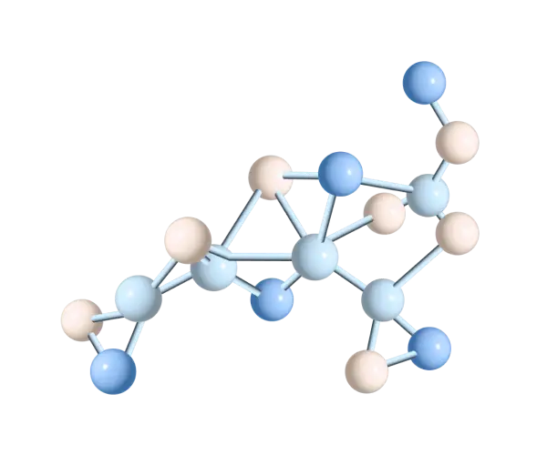 3D model of a molecular structure with blue and beige spheres connected by rods.