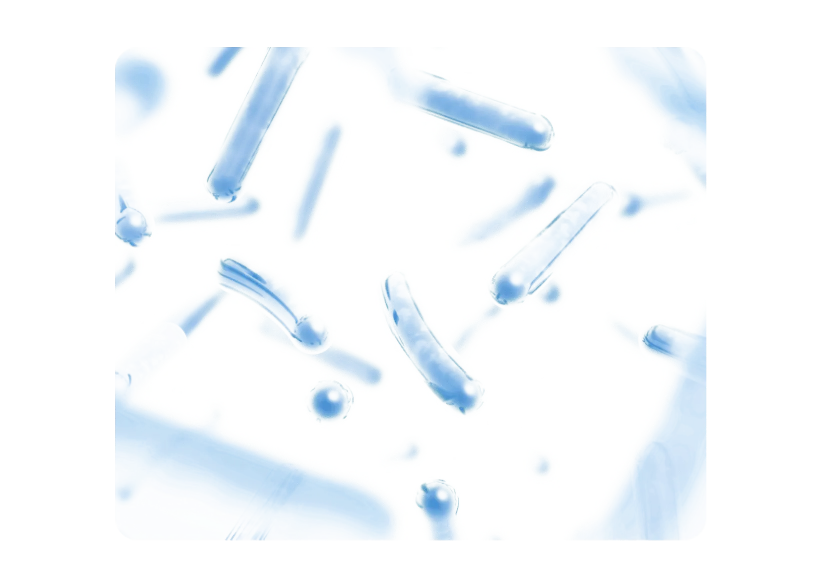 Abstract shapes resembling light blue bacteria on a white background.