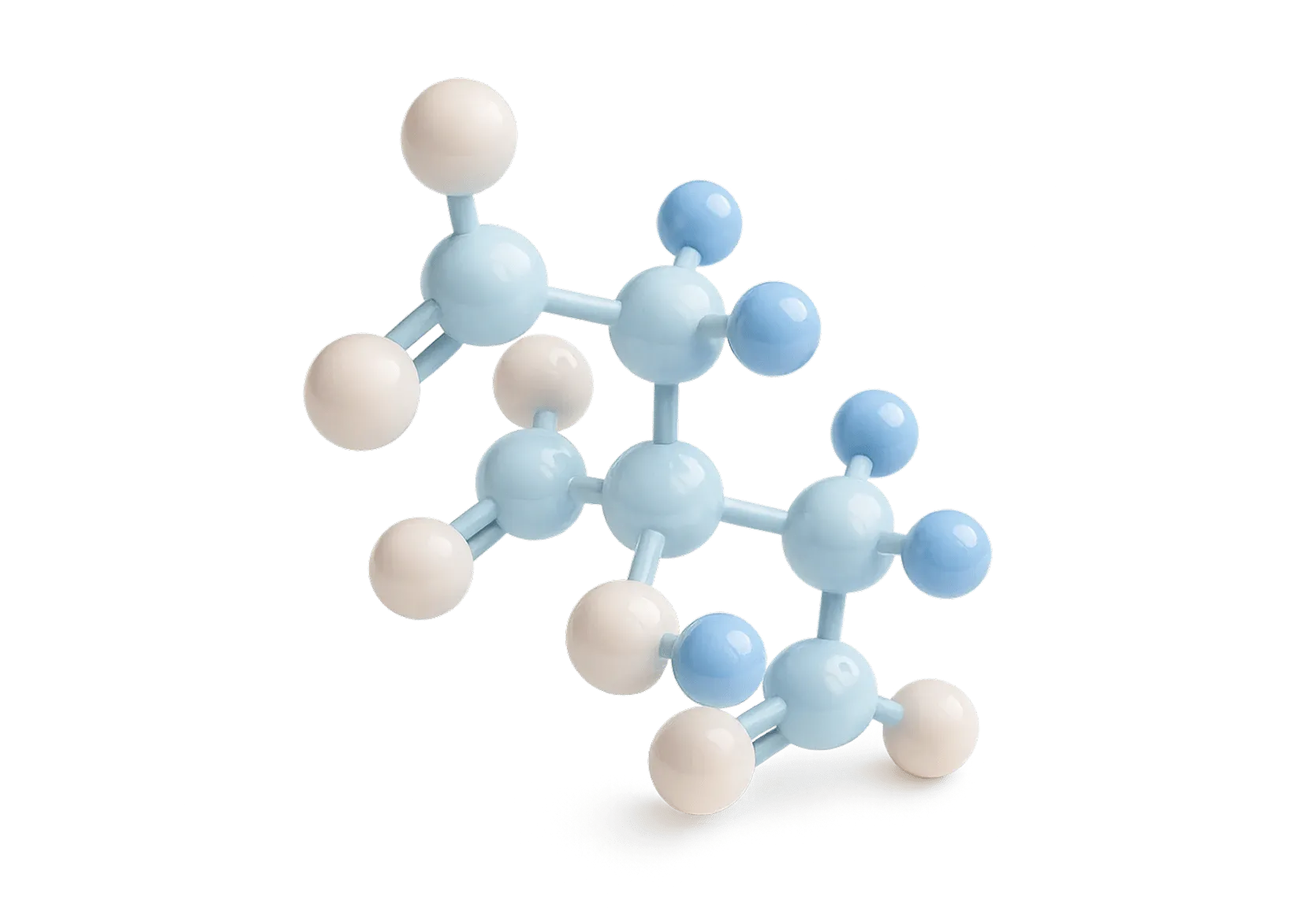 A molecular model with blue and white spheres connected by rods.