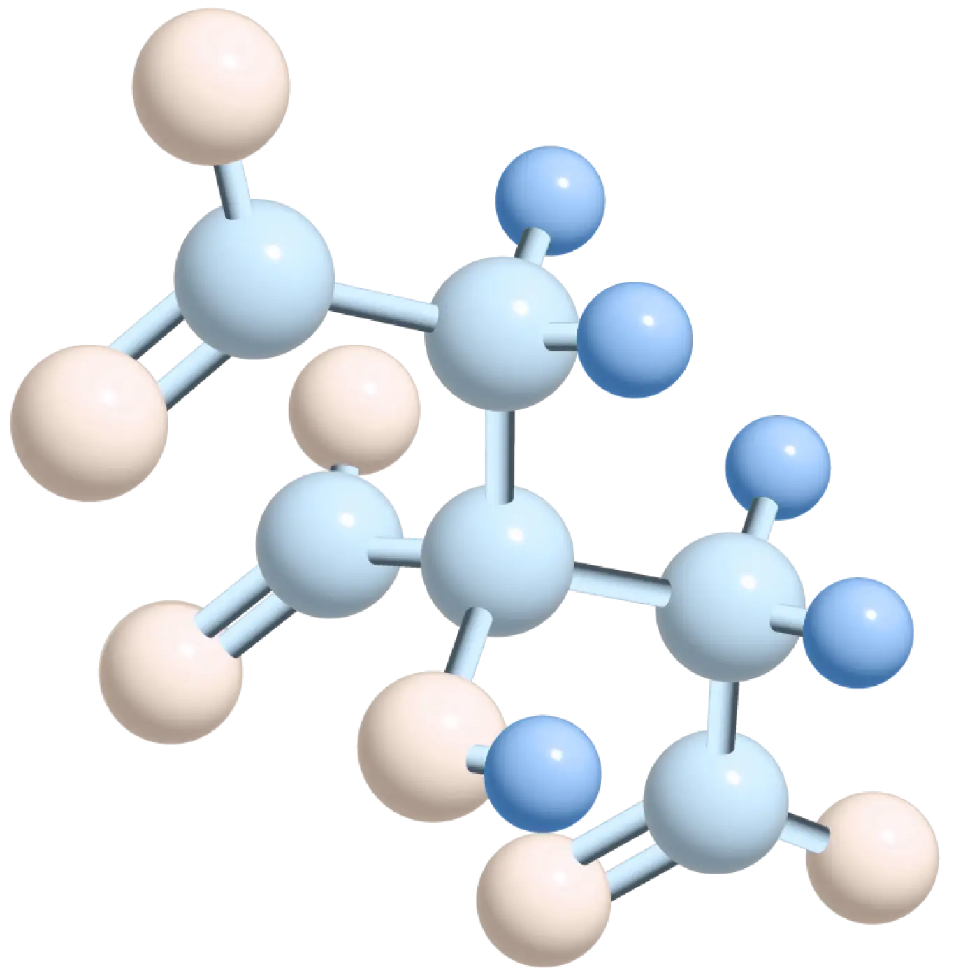 3D molecular structure with blue and beige spheres.