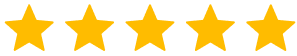 Five gold stars in a row on a transparent background.