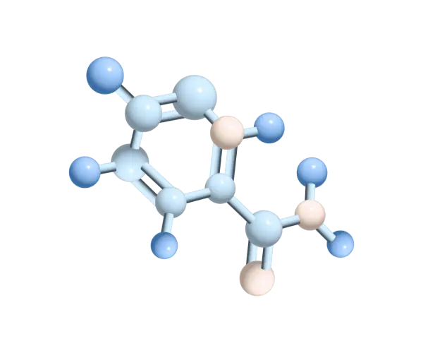 3D model of a molecular structure with blue and beige spheres.