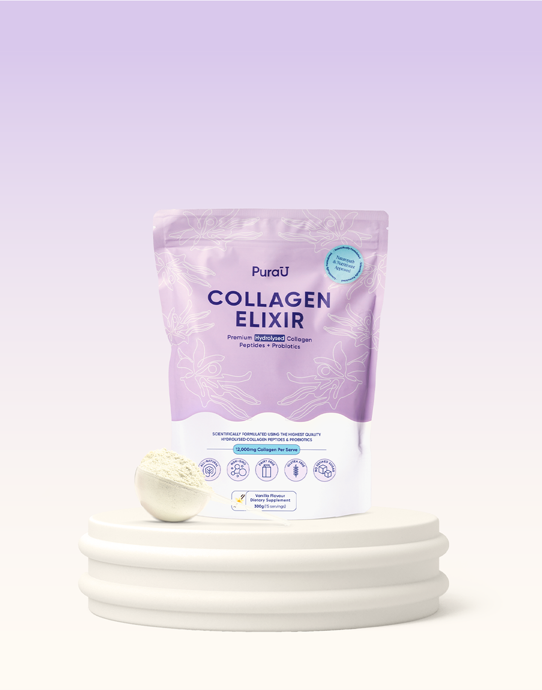 Purple collagen supplement package with a scoop of powder on a white pedestal.