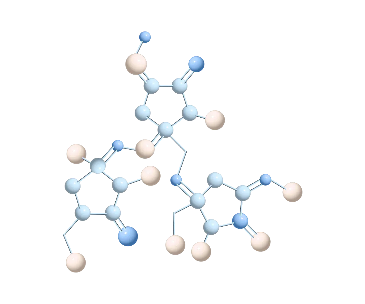 Molecular structure model with connected blue and beige spheres.