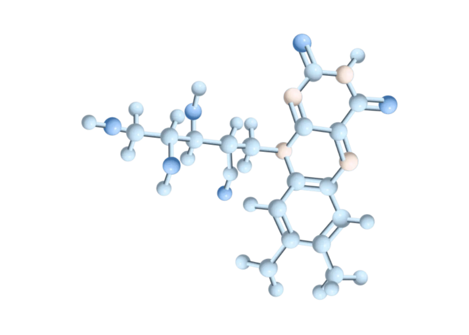 3D molecular model with blue and beige spheres connected by lines.