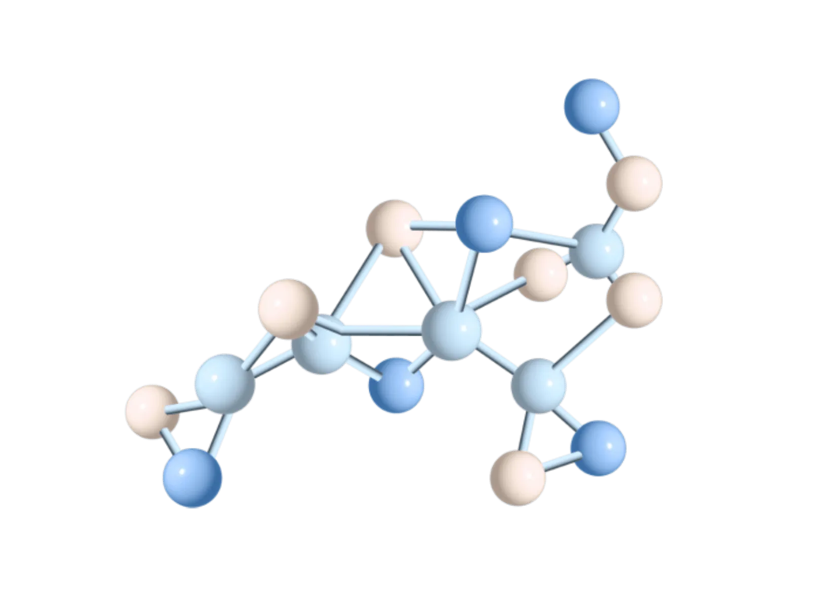 3D molecular structure with blue and beige spheres connected by rods.
