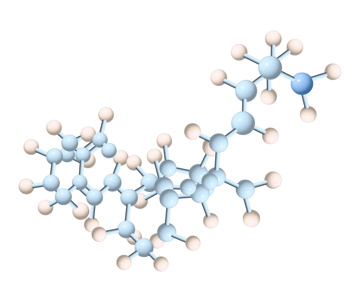 3D molecular structure with blue and white spheres connected by sticks.