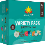 A teal box of Amrita Variety Pack Protein Bars with illustrations of fruit and grains.