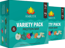 Two teal boxes of Amrita Variety Pack Protein Bars with illustrations of fruits and oats.