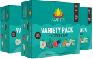 Three teal boxes of Amritdk Variety Pack Protein Bars lined up at an angle.