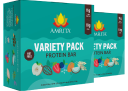 Two teal boxes of Amrita Variety Pack Protein Bars with illustrations of fruit on the front.