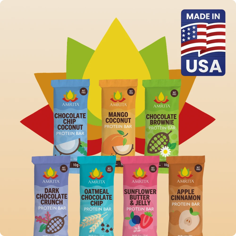 Amrita protein bar flavors displayed together with a Made in USA badge on a clean, neutral background