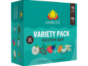 A teal box of Amrita Variety Pack Protein Bars with illustrations of fruit on the front.