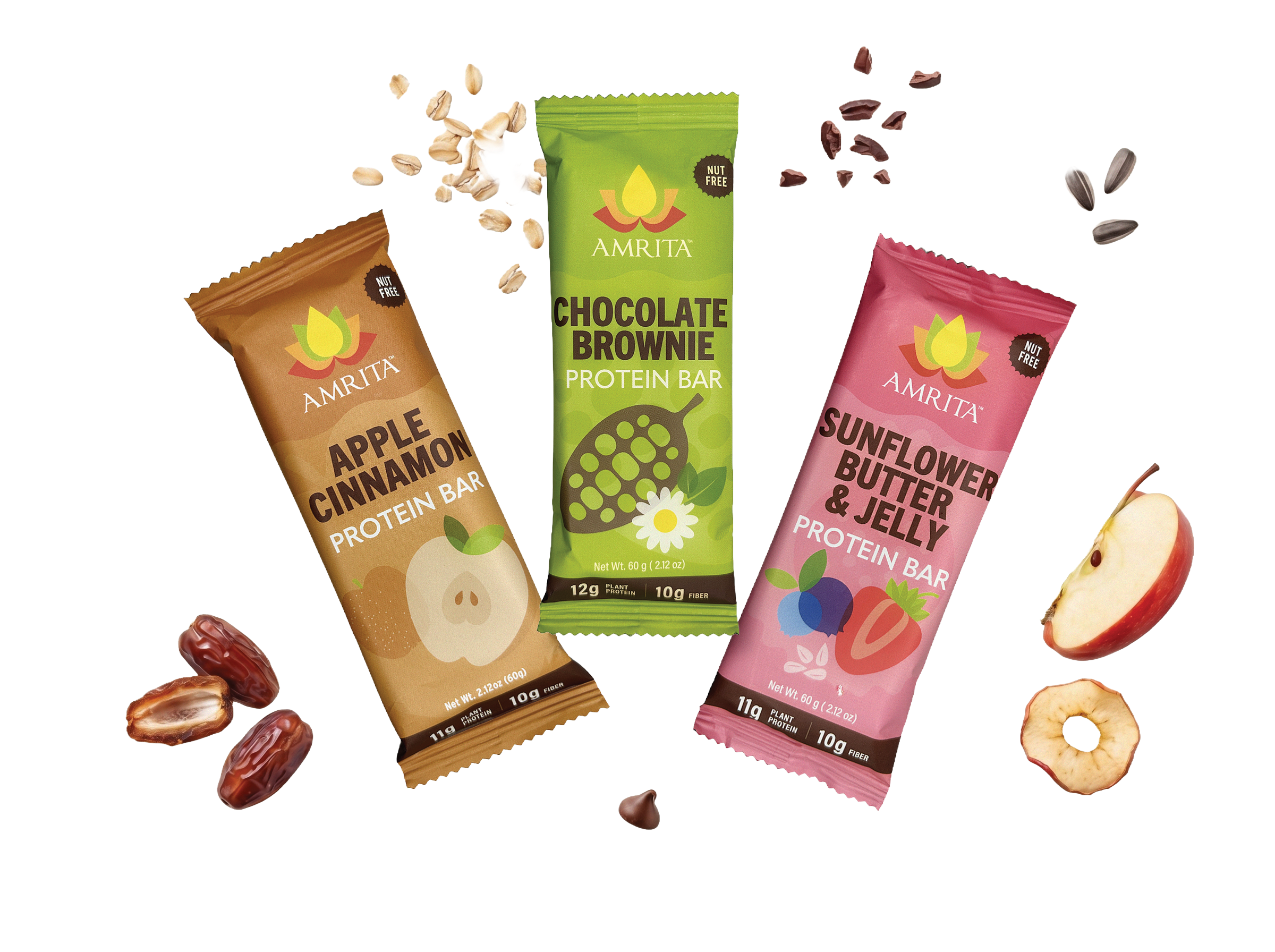 A hand places Amrita protein bars in a lunchbox with apples, blueberries, and a 'love you' note.