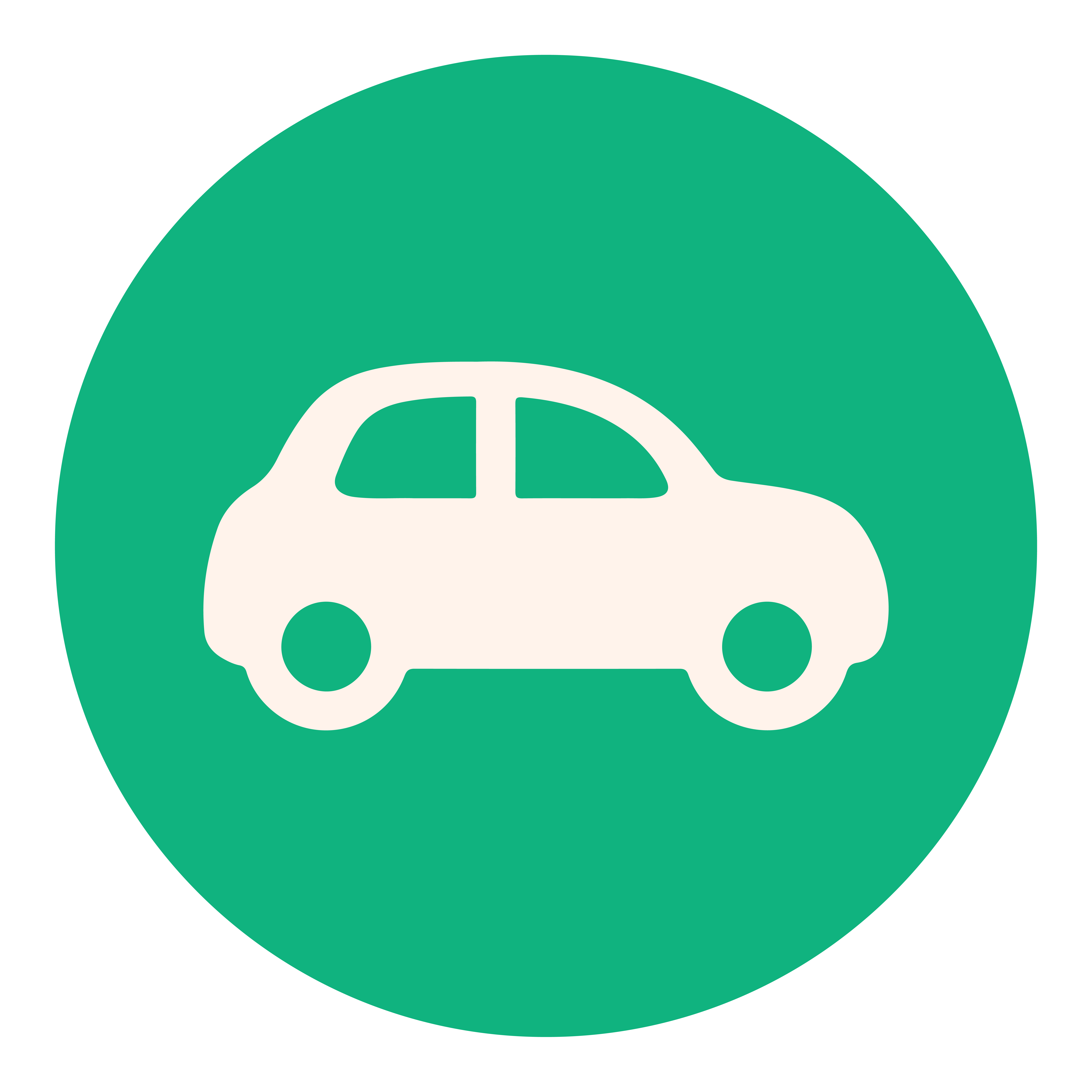 White car icon on a green circular background.