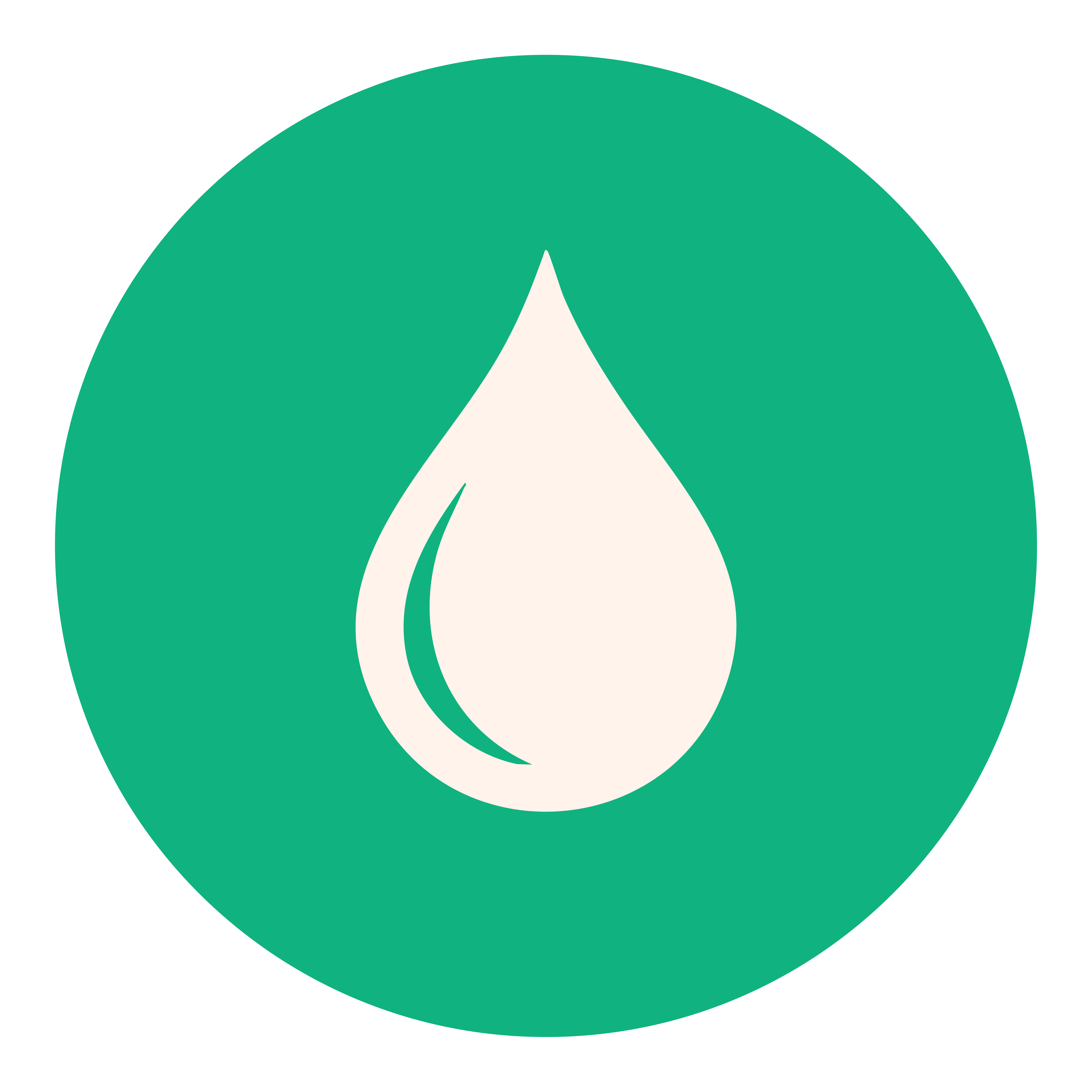 White droplet icon on a green circular background.