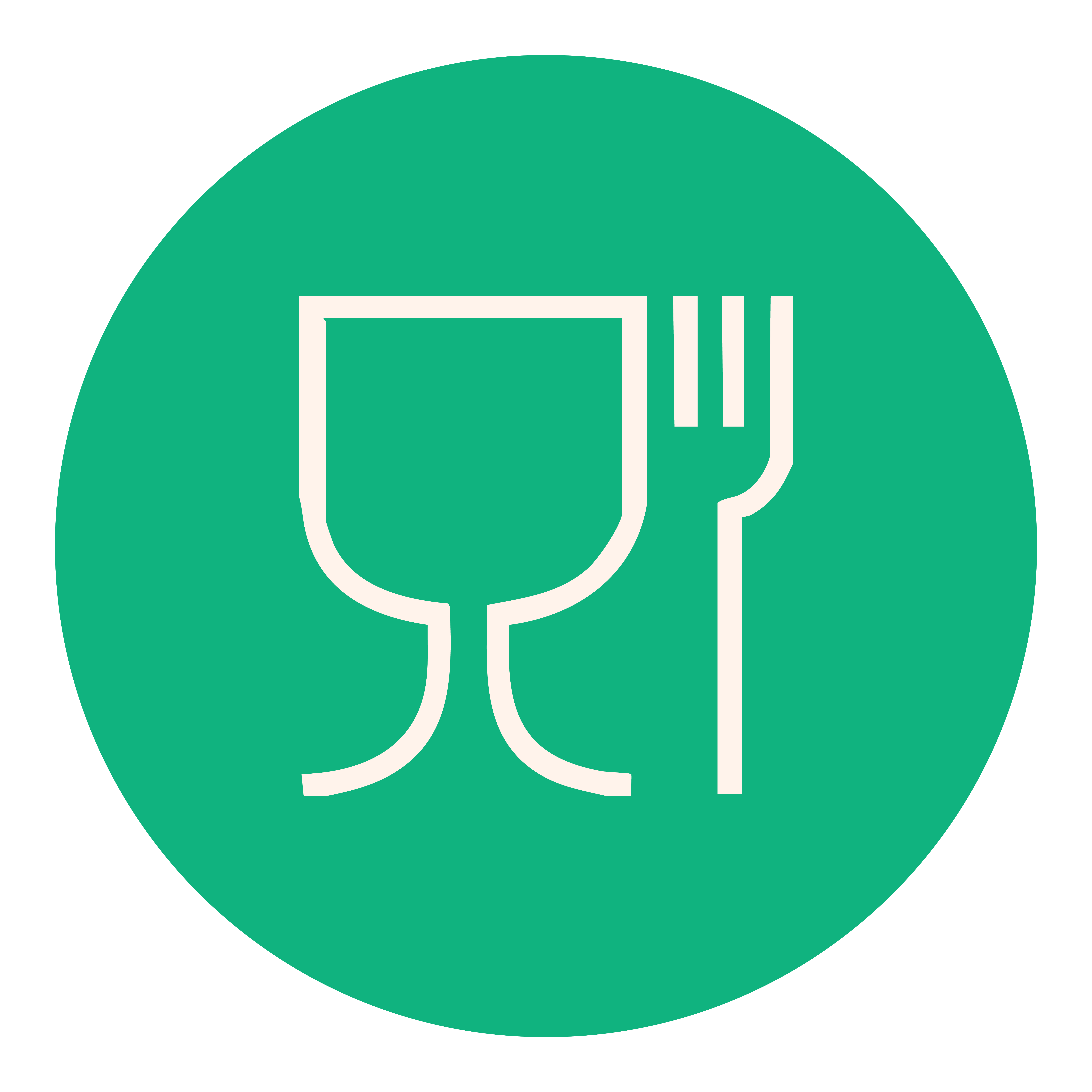 Icon of a wine glass and fork on a green circle background.