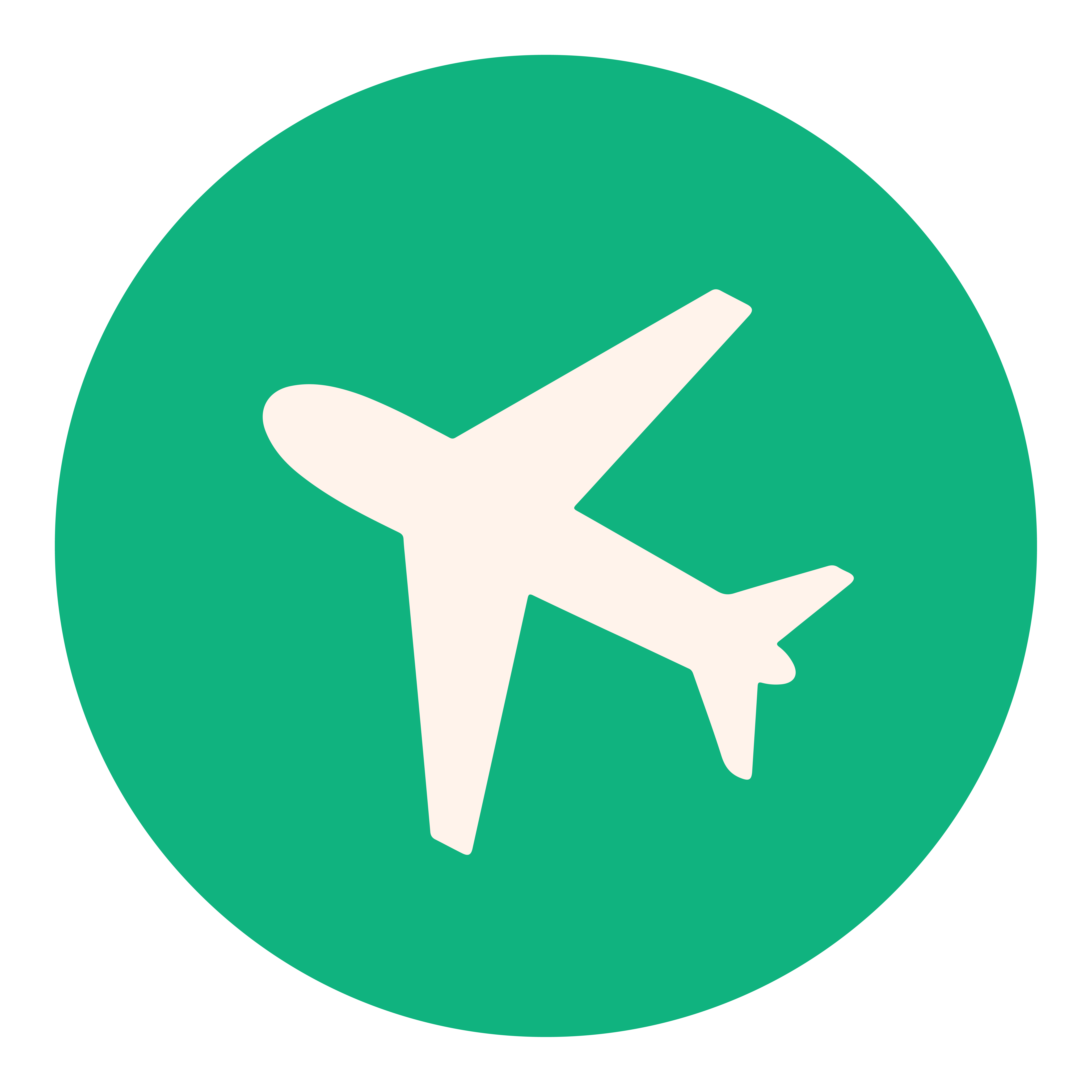 White airplane icon on a green circular background.