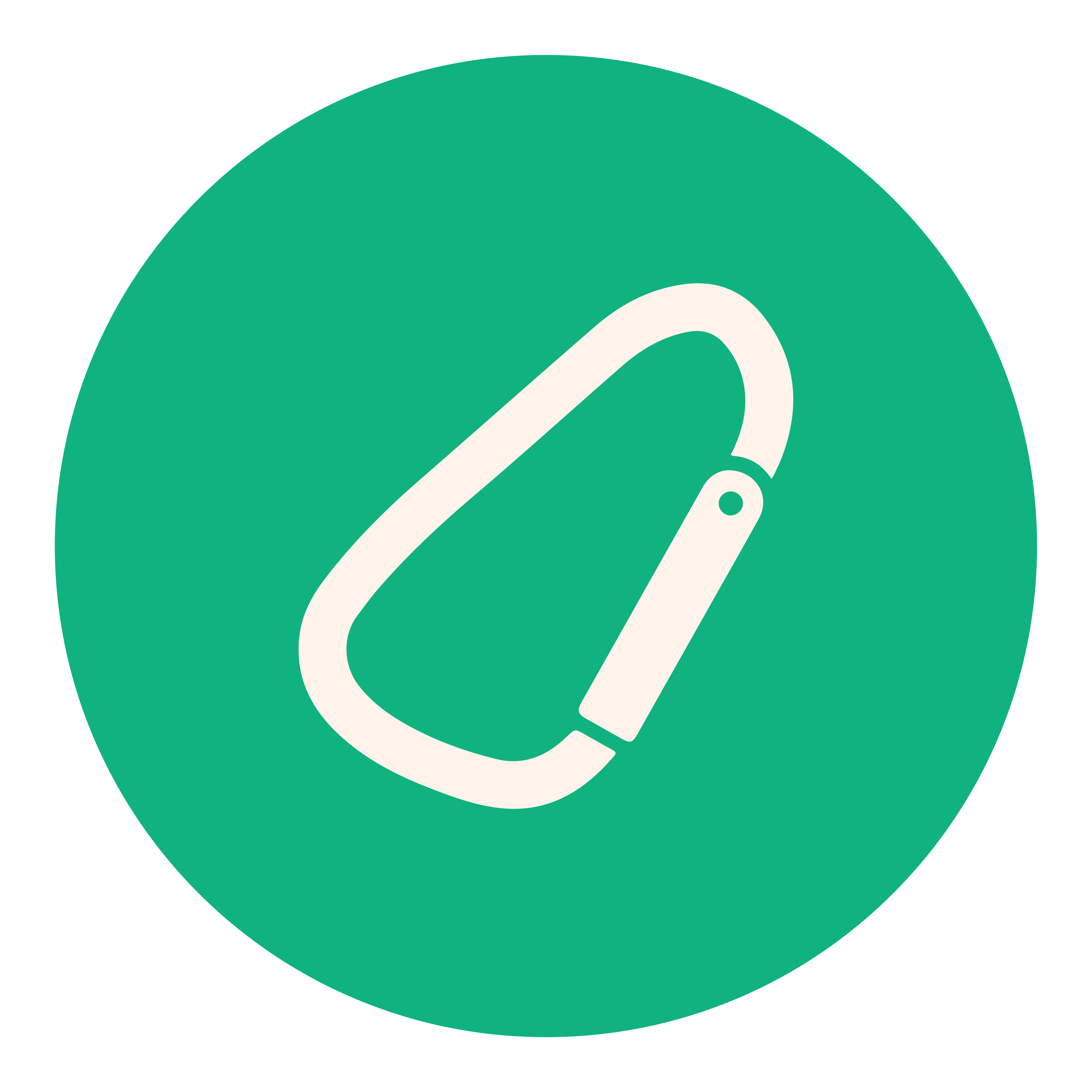 White carabiner icon on a green circular background.