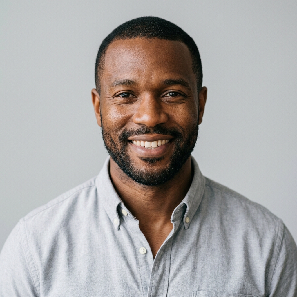 A headshot of a smiling Black man with a beard, wearing a grey button-down shirt.