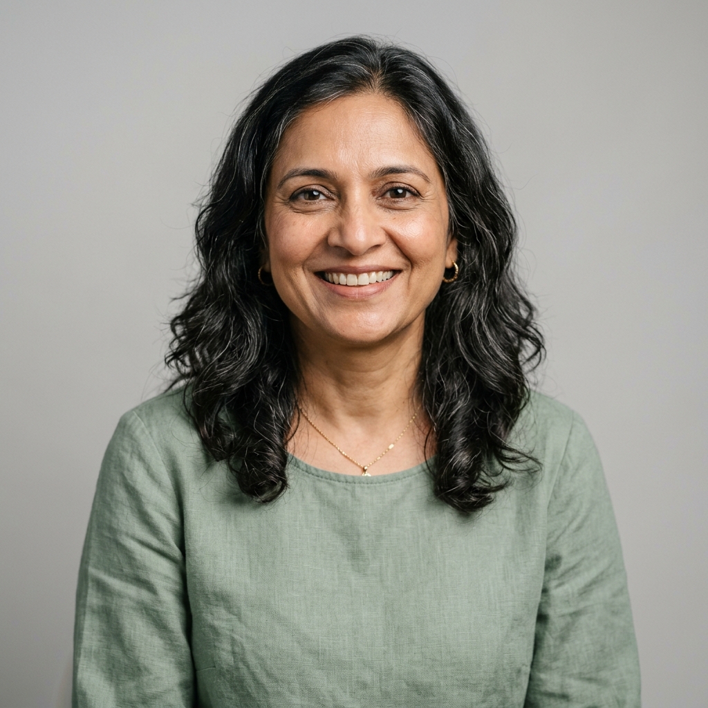 A headshot of a smiling middle-aged woman with dark wavy hair, wearing a green shirt against a gray background.