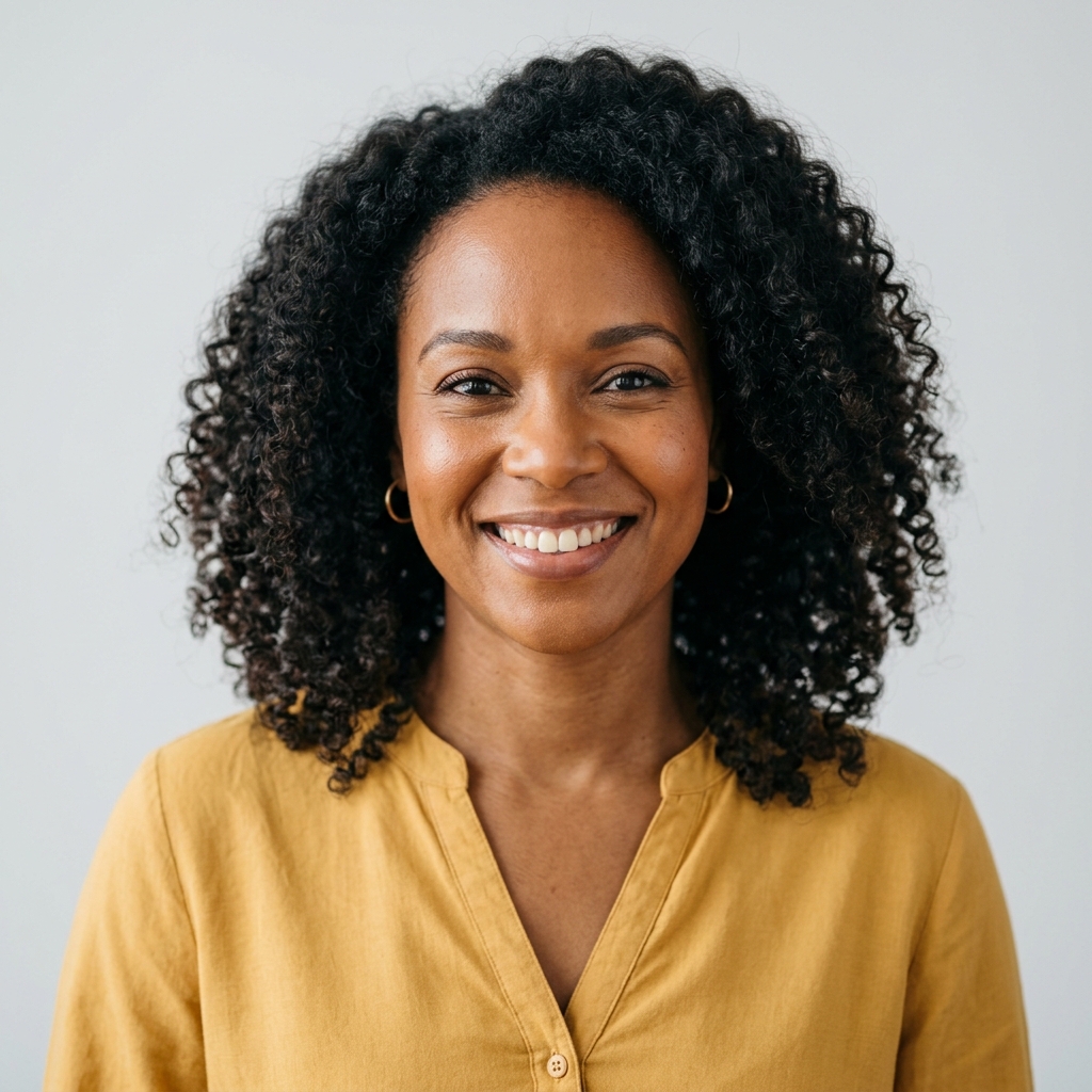 Headshot of a smiling Black woman with curly hair, wearing a yellow collared shirt against a plain background.