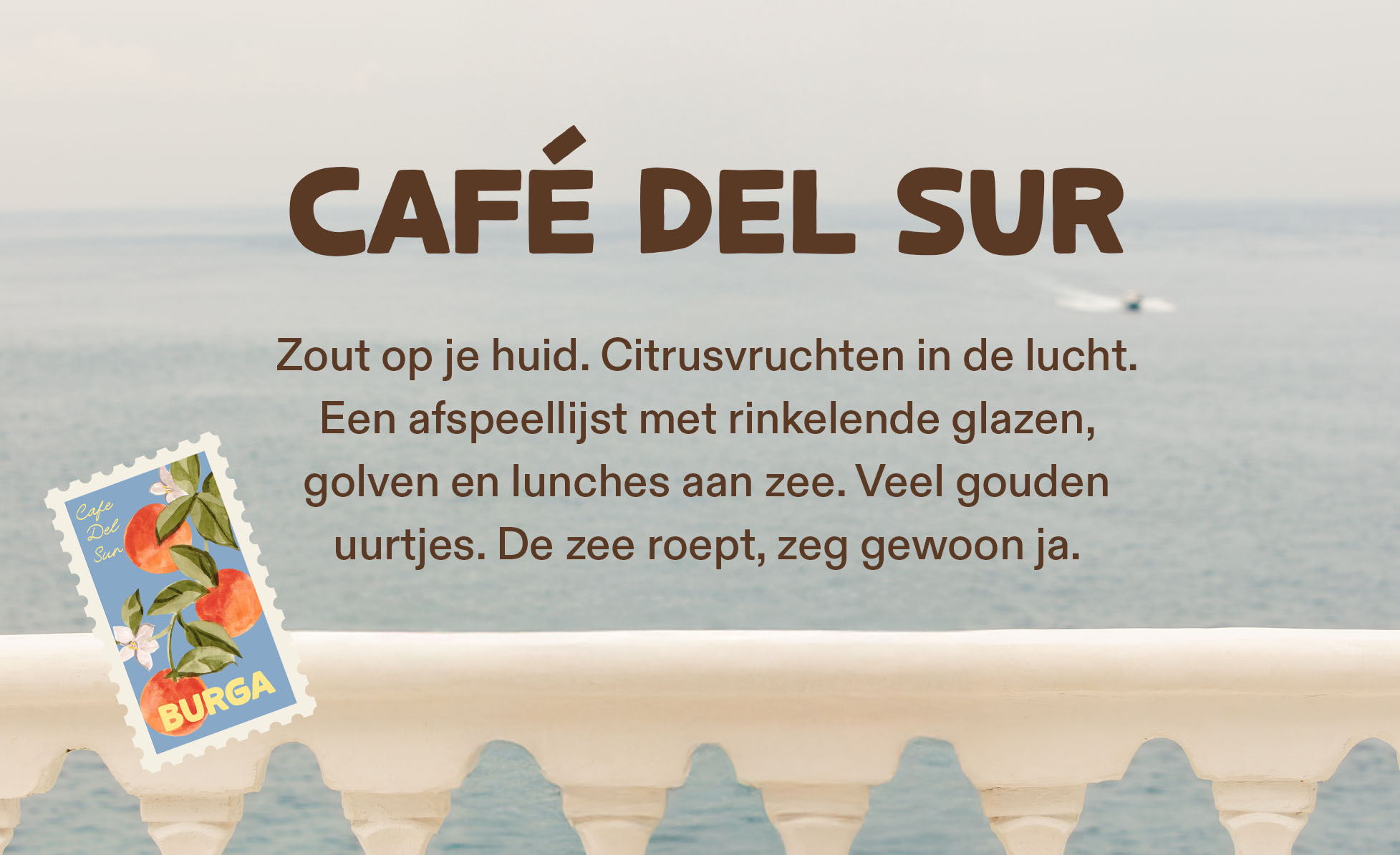Text overlay on a sea view with a decorative stamp.
