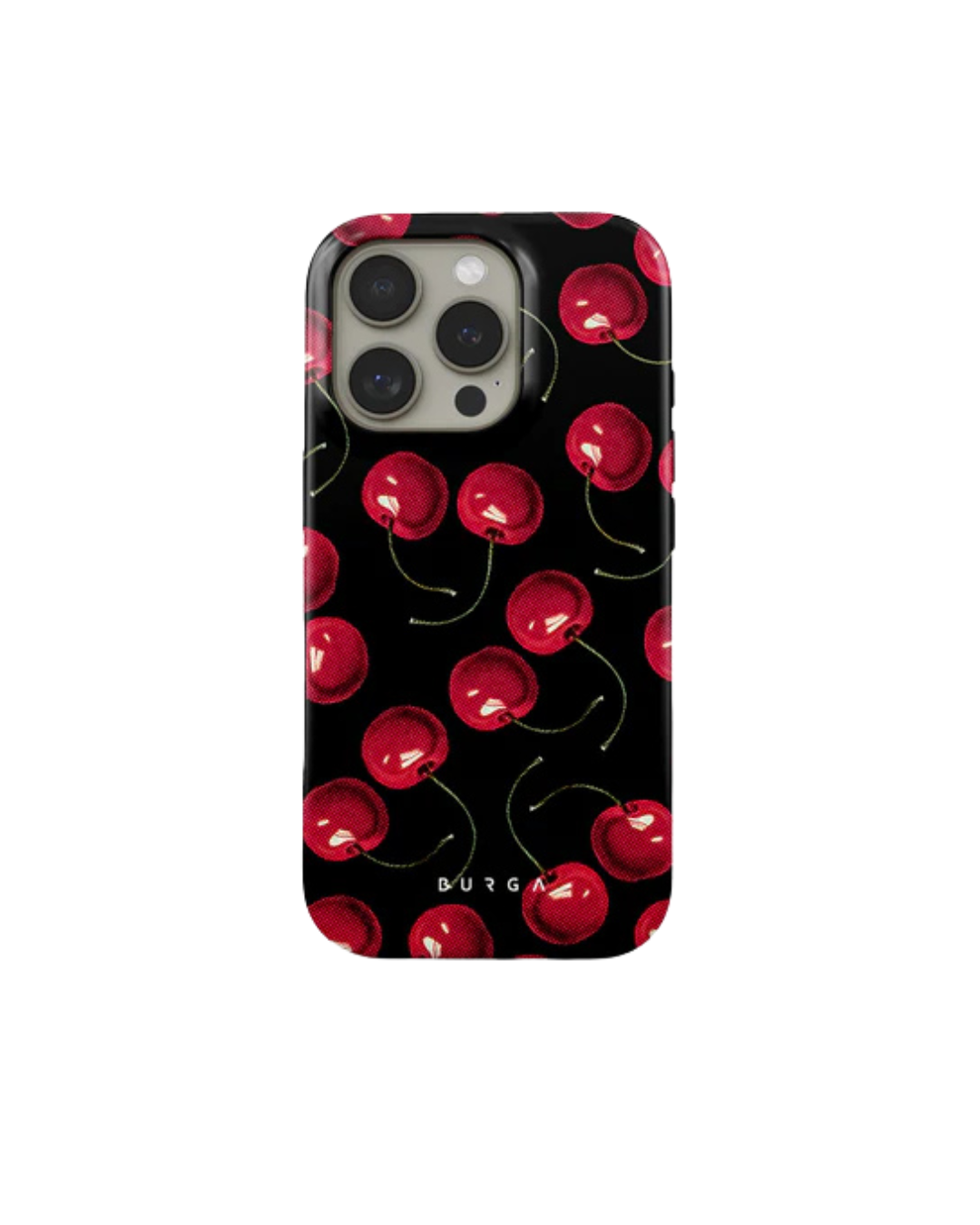 Phone case with red cherries on a black background.