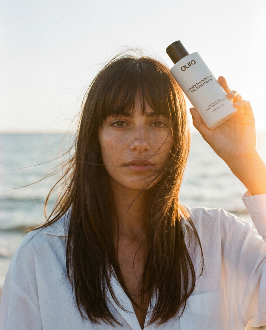 A woman with bangs holds a white bottle of Aura conditioner by the ocean at sunset.