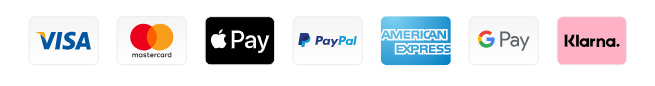 Logos of Visa, Mastercard, Apple Pay, PayPal, American Express, Google Pay, and Klarna.