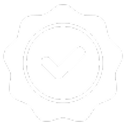 Black checkmark inside a white gear-like shape on a black background.