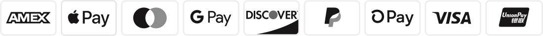 Logos of various payment methods including Amex, Apple Pay, G Pay, Discover, PayPal, Visa, and others.
