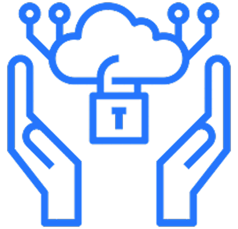 Blue outline of hands holding a cloud with a lock and letter 'T' inside.