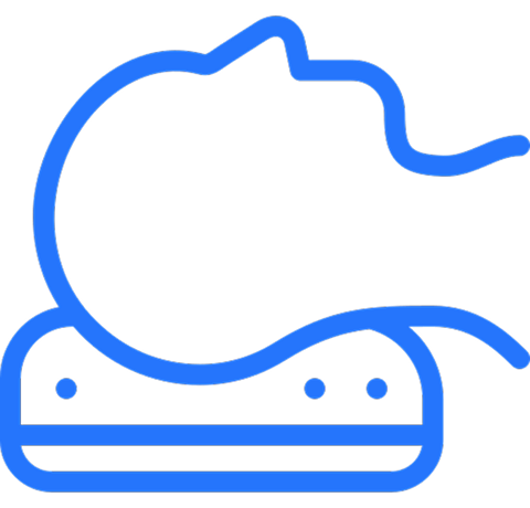 Blue line drawing of a cat on a Roomba.