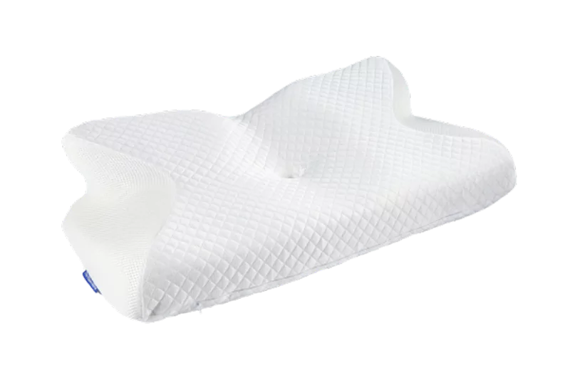 White ergonomic pillow with a textured surface and contoured shape.