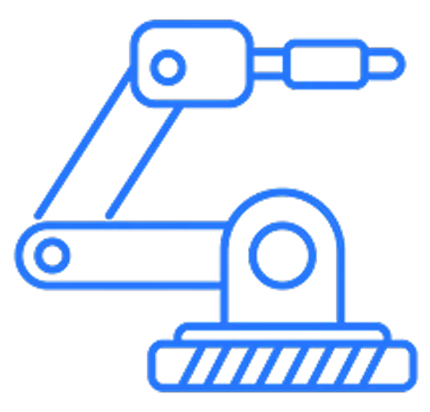 Blue outline of a robotic arm on a transparent background.