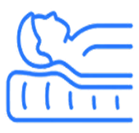 Blue line drawing of a cat lying on a bed.
